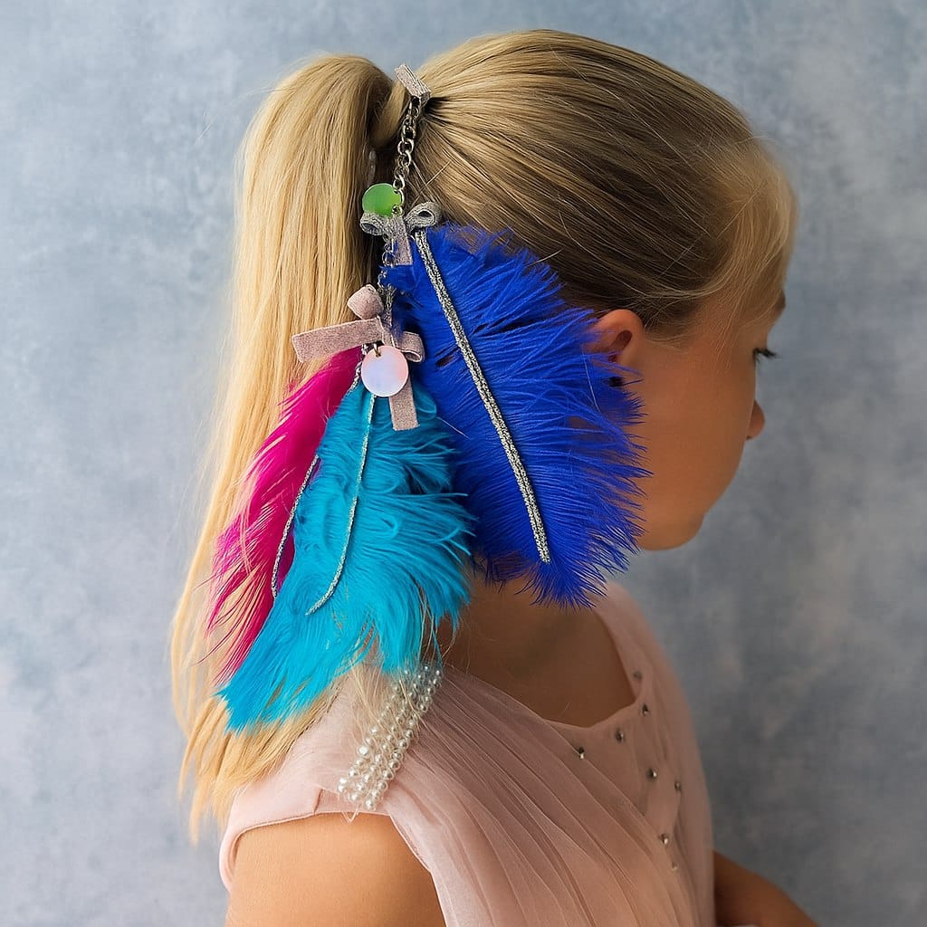 Rankų darbo plaukų segtukas su plunksnomis – šventinis aksesuaras